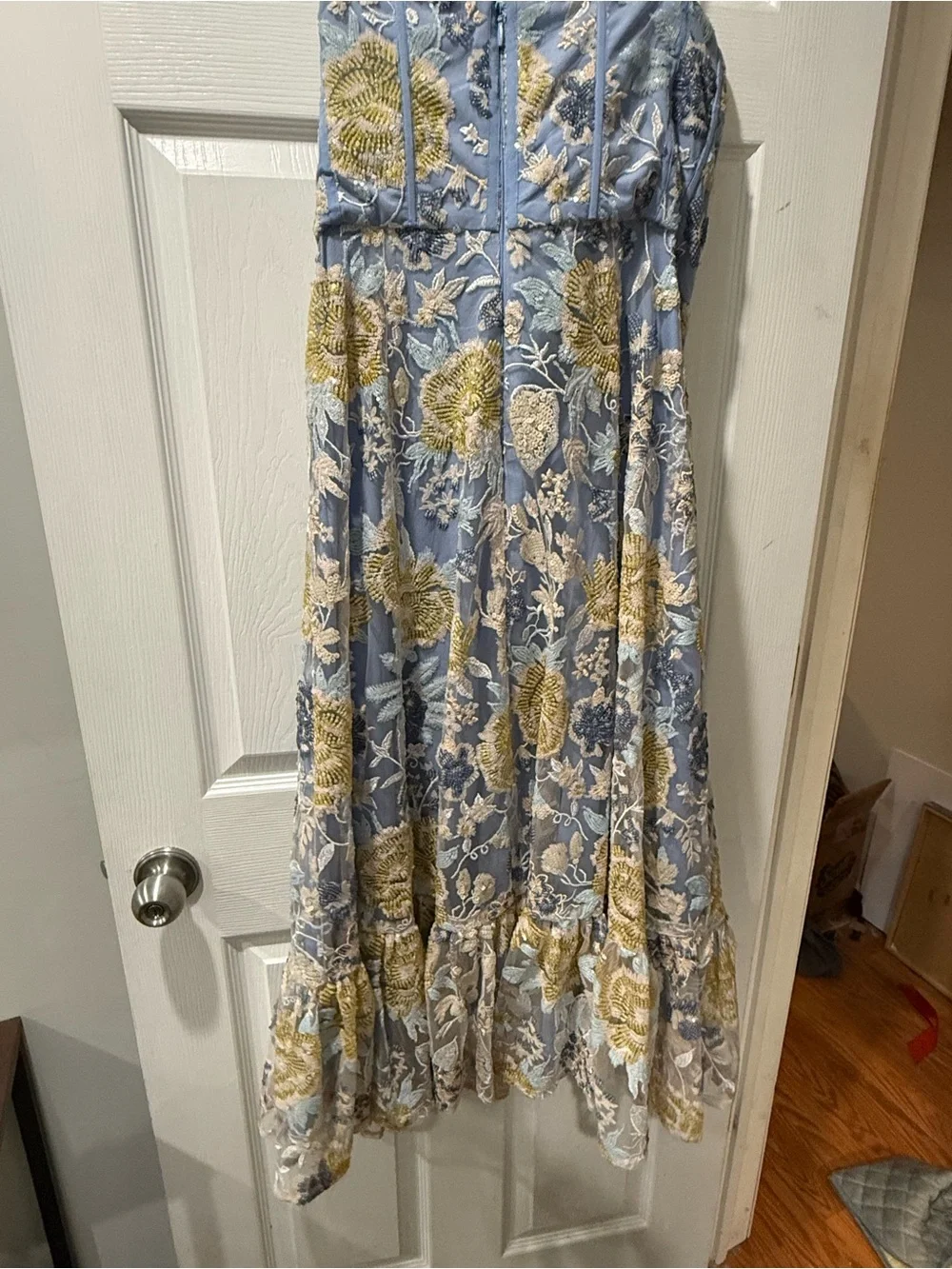 Dress the Population Strapless Blue and Gold Floral Midi Dress - Picture 2 of 4